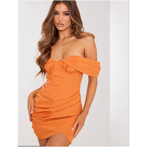 PrettyLittleThing Orange Bardot Ruched Cup Pleated Bodycon Dress – Size 14 NWT